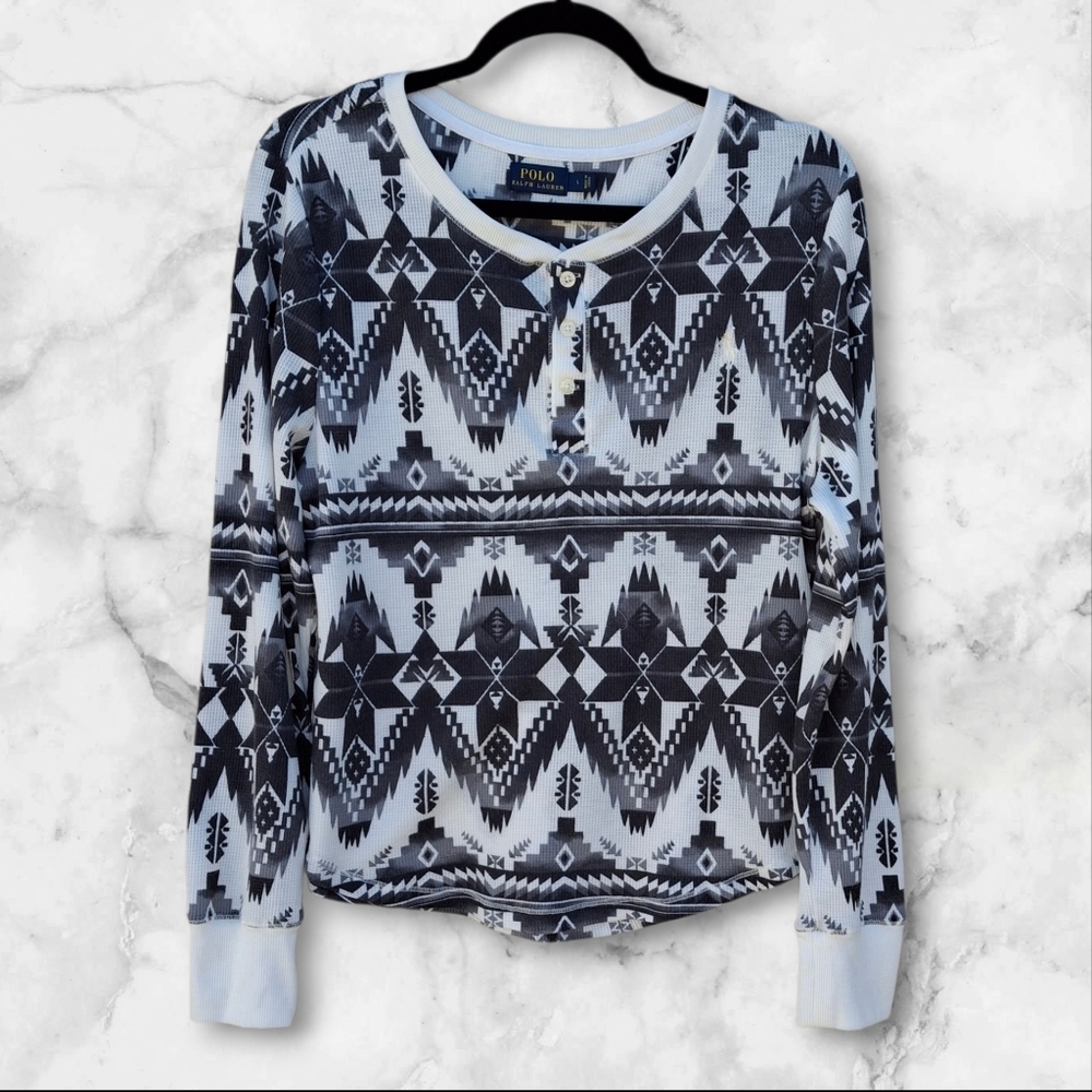 Polo Ralph Lauren Aztec Southwestern  Black White Thermal Top  Women Size Large